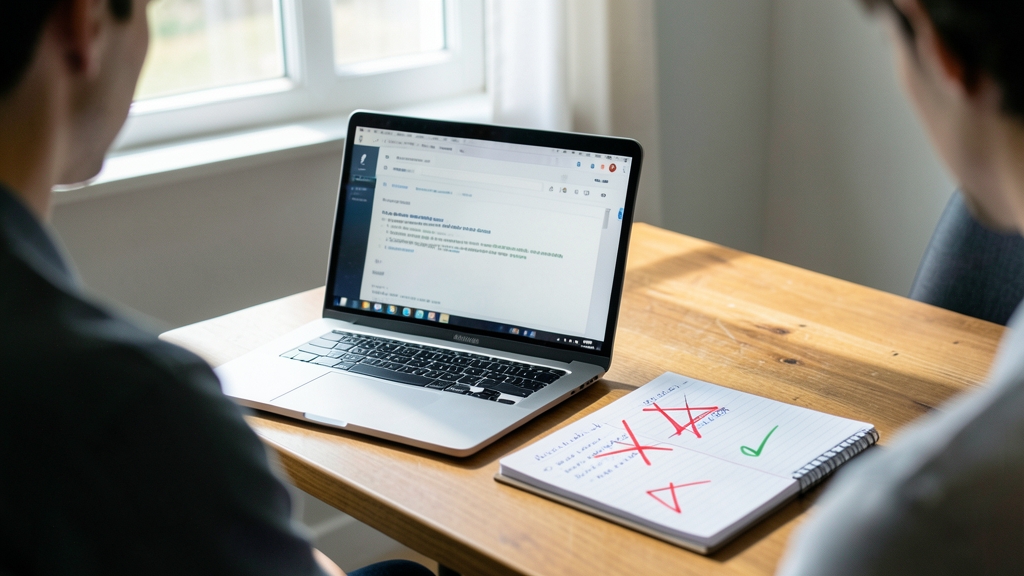 The image depicts two individuals seated at a wooden table, with a laptop and notebook in front of them.