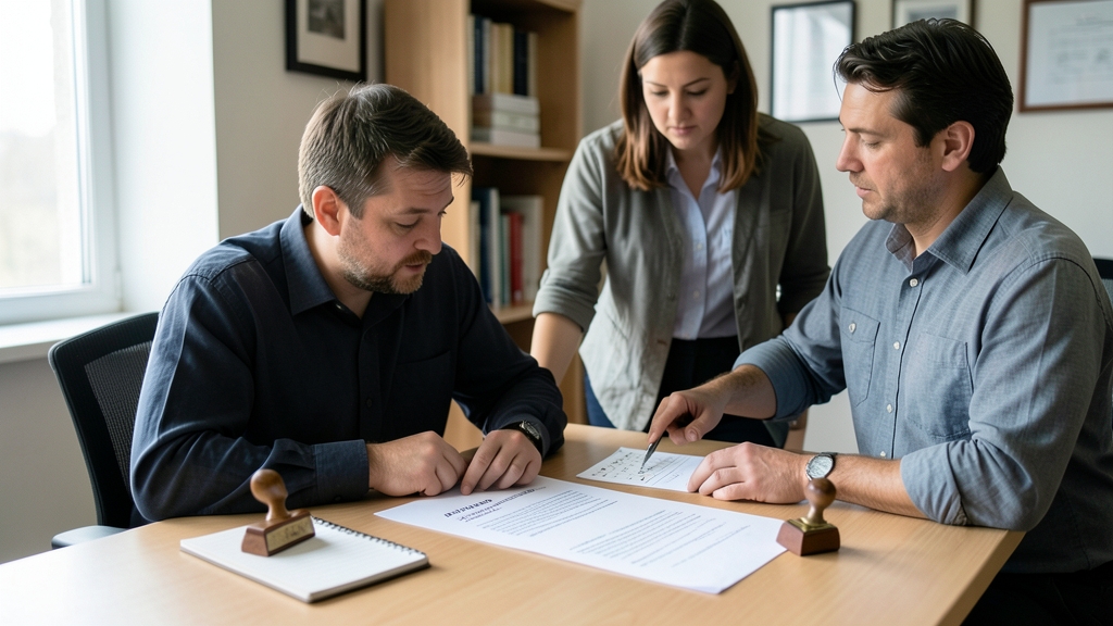 The image depicts three individuals gathered around a table, engaged in reviewing documents.